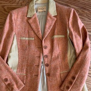COME STA Herringbone Wool Tweed Blazer from ITALY with faux leather Size 12